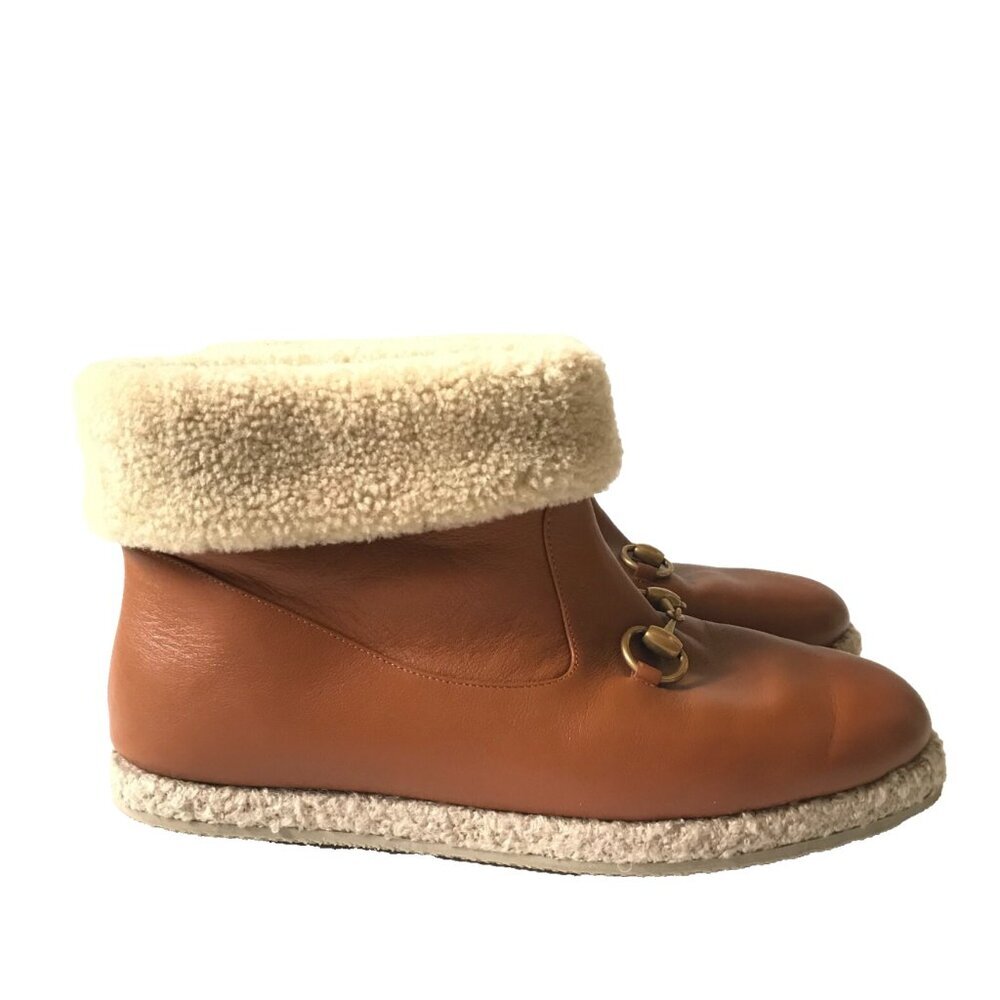 NWOB Gucci Fria Horsebit Ankle Boots Womens 41 10 Brown Leather Sherpa Lined NEW - Picture 3 of 13